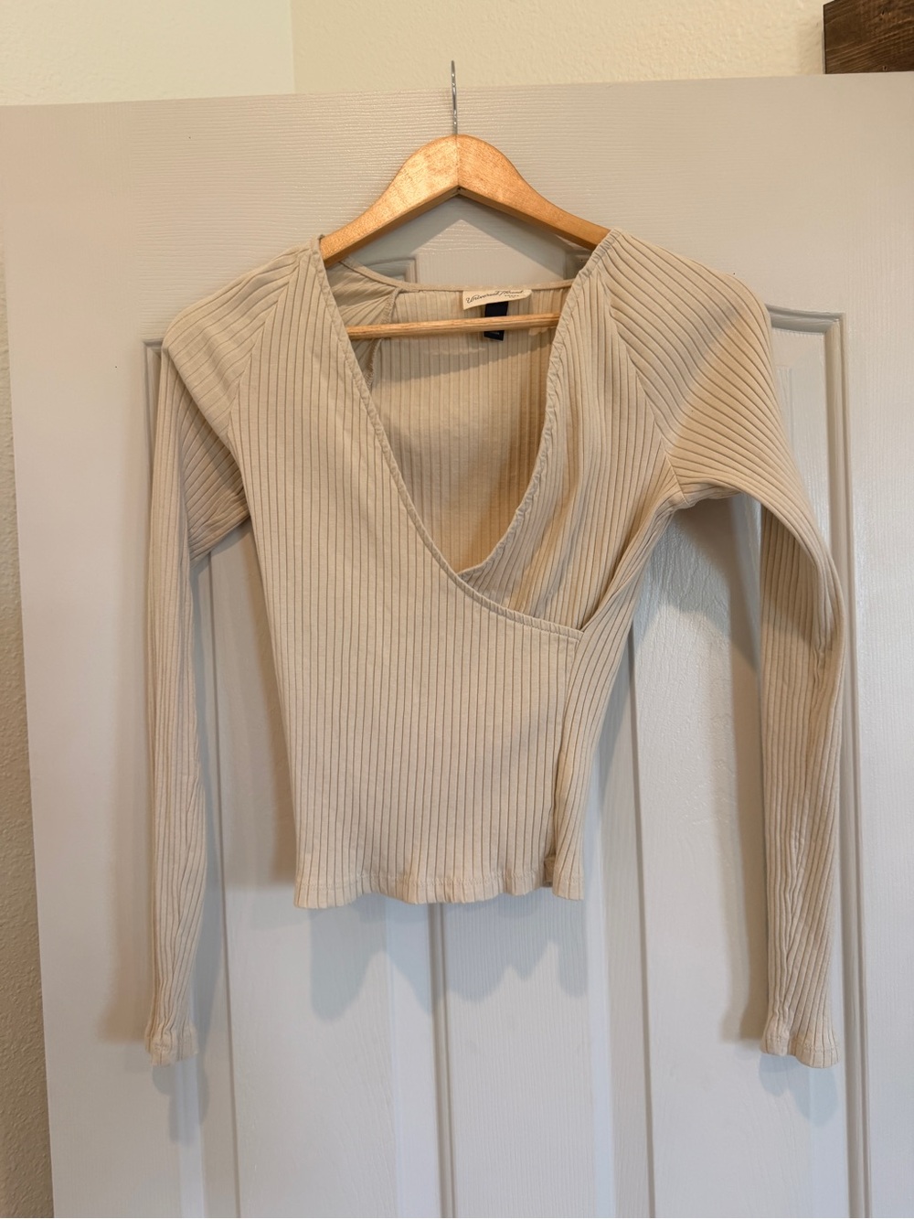 Universal Thread Ribbed Wrap-Style Long Sleeve Top in Cream